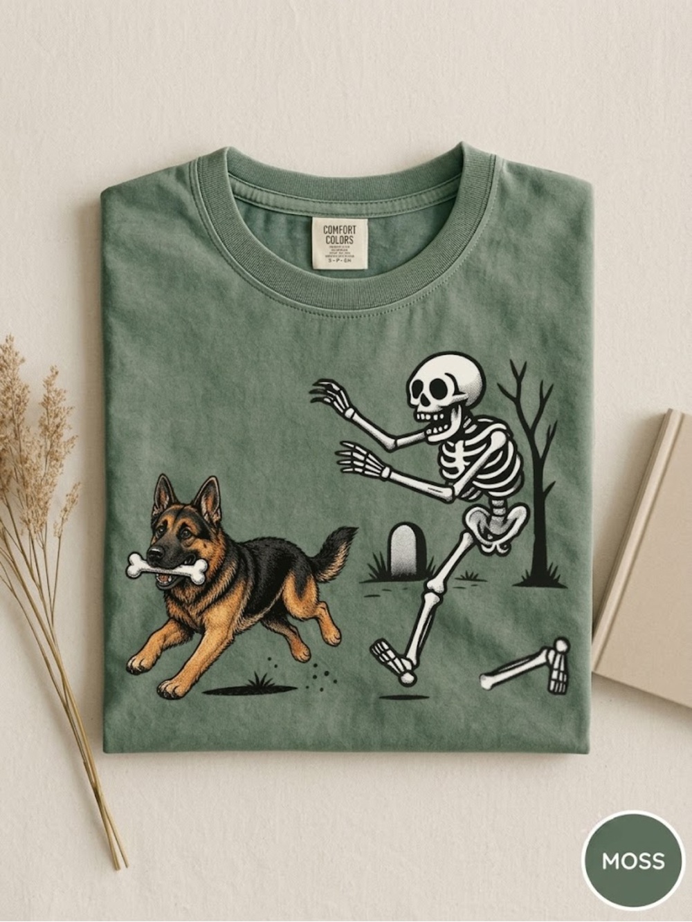 Comfort Colors Moss Green Dog & Skeleton Graphic Tee